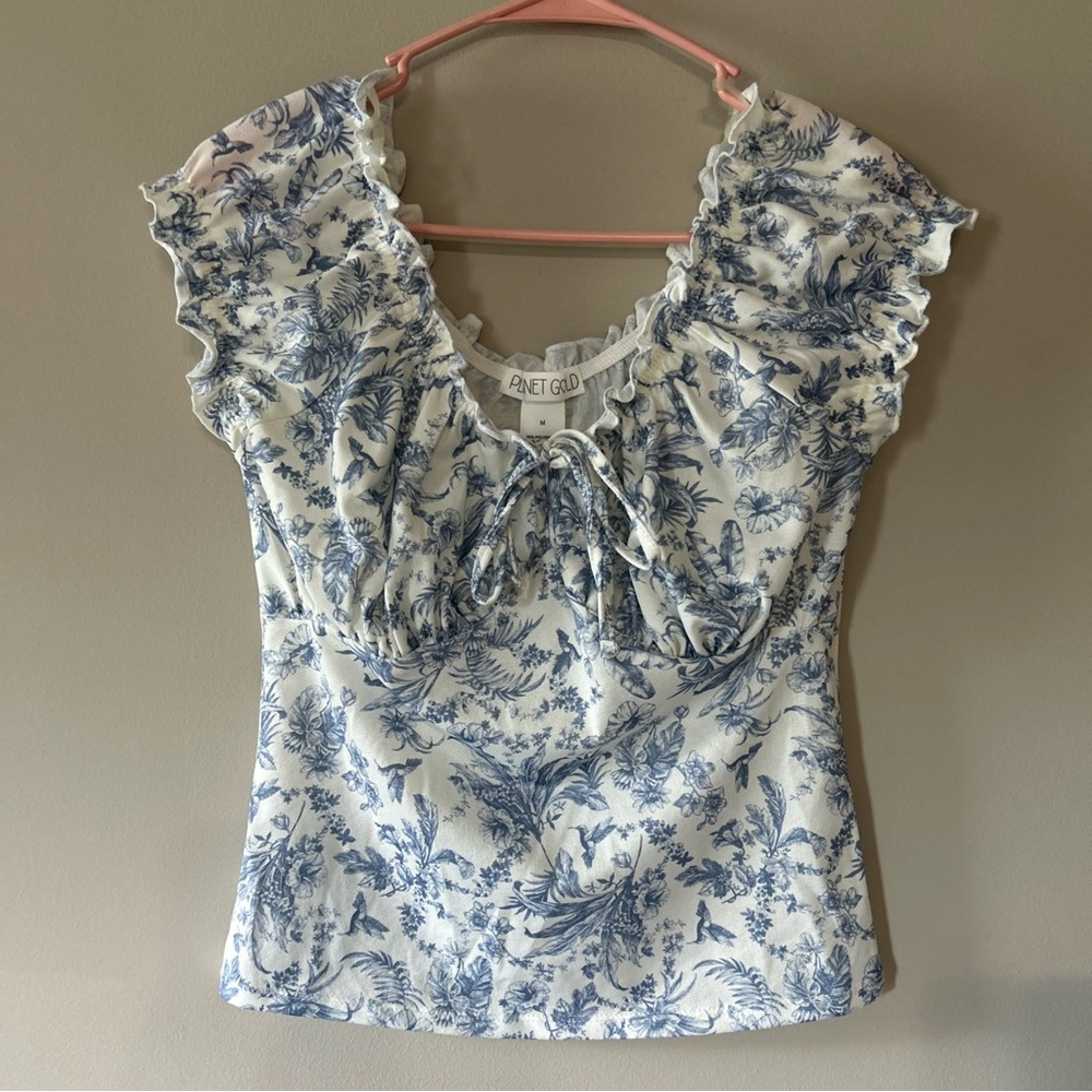Planet Gold White & Blue Ruffled Tie-Front Floral Blouse